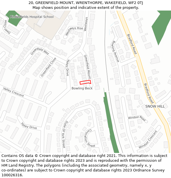 20, GREENFIELD MOUNT, WRENTHORPE, WAKEFIELD, WF2 0TJ: Location map and indicative extent of plot