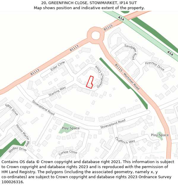 20, GREENFINCH CLOSE, STOWMARKET, IP14 5UT: Location map and indicative extent of plot