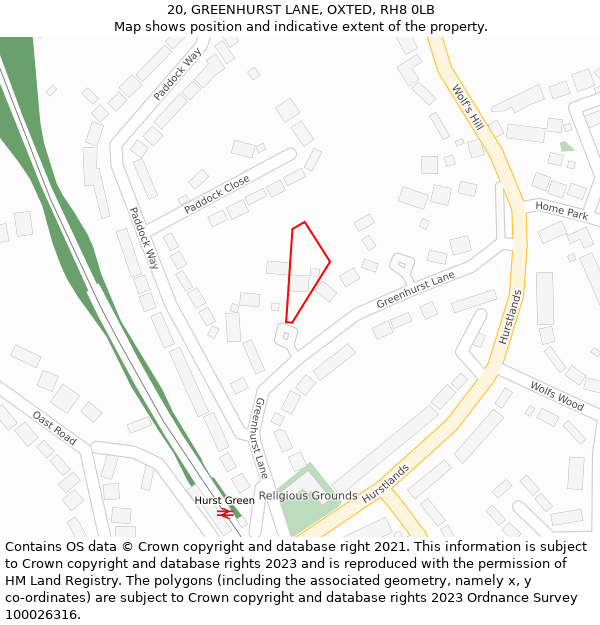 20, GREENHURST LANE, OXTED, RH8 0LB: Location map and indicative extent of plot
