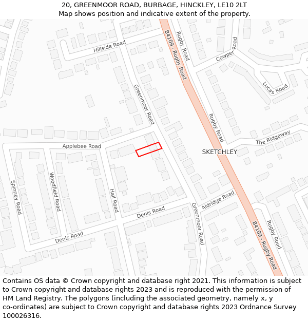 20, GREENMOOR ROAD, BURBAGE, HINCKLEY, LE10 2LT: Location map and indicative extent of plot