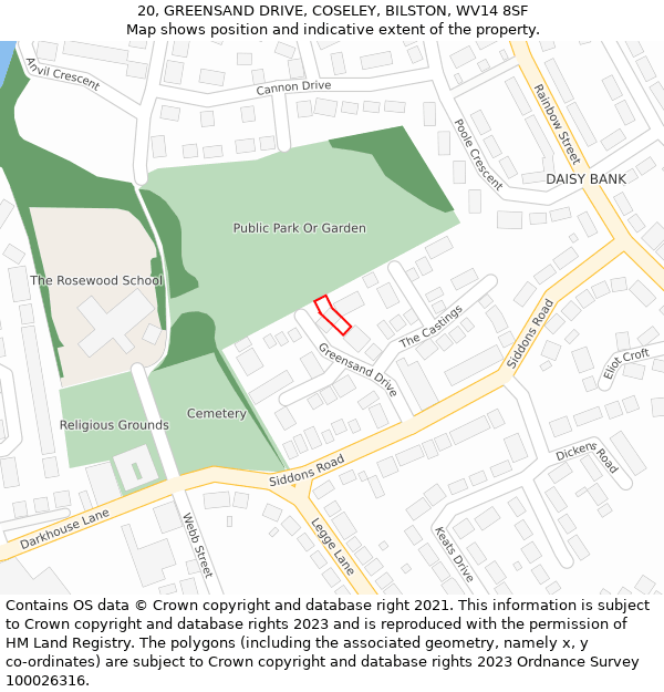 20, GREENSAND DRIVE, COSELEY, BILSTON, WV14 8SF: Location map and indicative extent of plot