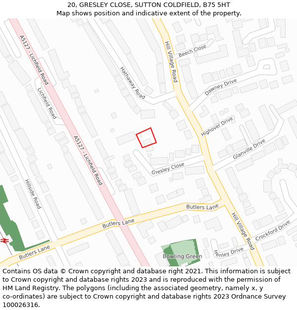 20, GRESLEY CLOSE, SUTTON COLDFIELD, B75 5HT: Location map and indicative extent of plot