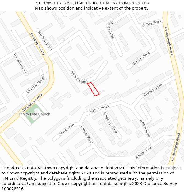 20, HAMLET CLOSE, HARTFORD, HUNTINGDON, PE29 1PD: Location map and indicative extent of plot