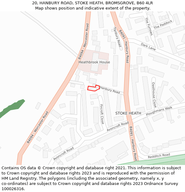 20, HANBURY ROAD, STOKE HEATH, BROMSGROVE, B60 4LR: Location map and indicative extent of plot