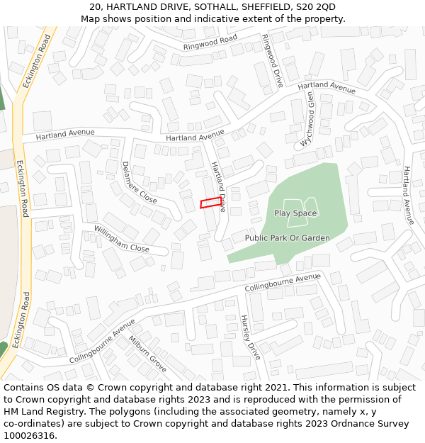 20, HARTLAND DRIVE, SOTHALL, SHEFFIELD, S20 2QD: Location map and indicative extent of plot