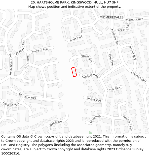 20, HARTSHOLME PARK, KINGSWOOD, HULL, HU7 3HP: Location map and indicative extent of plot