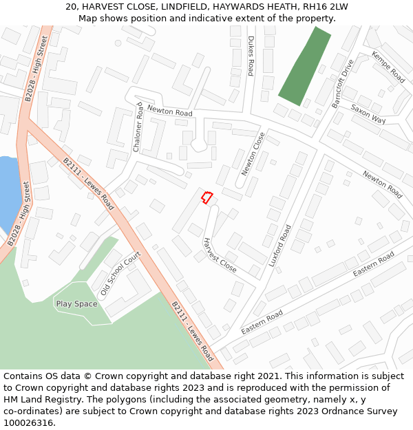 20, HARVEST CLOSE, LINDFIELD, HAYWARDS HEATH, RH16 2LW: Location map and indicative extent of plot