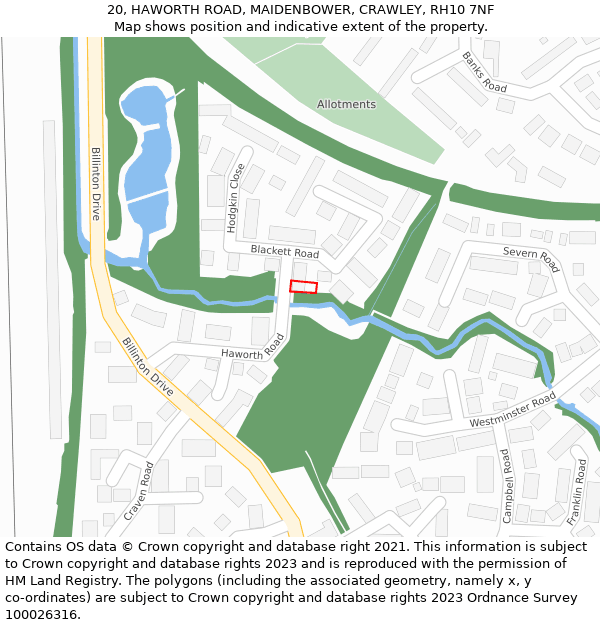 20, HAWORTH ROAD, MAIDENBOWER, CRAWLEY, RH10 7NF: Location map and indicative extent of plot