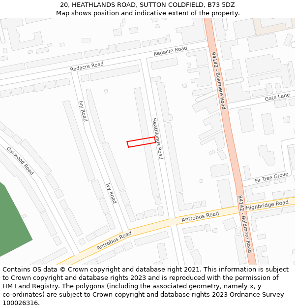20, HEATHLANDS ROAD, SUTTON COLDFIELD, B73 5DZ: Location map and indicative extent of plot