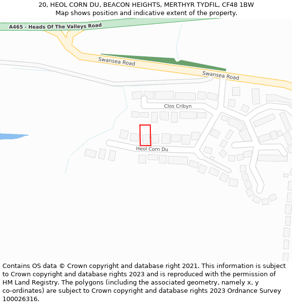 20, HEOL CORN DU, BEACON HEIGHTS, MERTHYR TYDFIL, CF48 1BW: Location map and indicative extent of plot