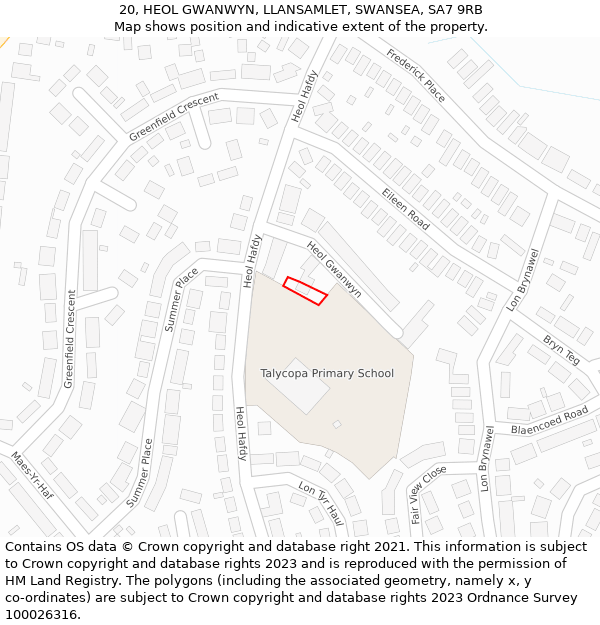 20, HEOL GWANWYN, LLANSAMLET, SWANSEA, SA7 9RB: Location map and indicative extent of plot