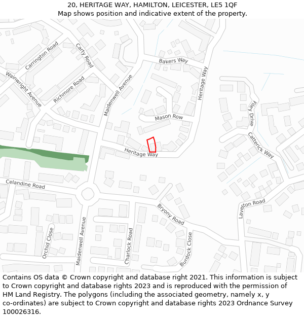 20, HERITAGE WAY, HAMILTON, LEICESTER, LE5 1QF: Location map and indicative extent of plot