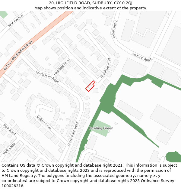 20, HIGHFIELD ROAD, SUDBURY, CO10 2QJ: Location map and indicative extent of plot