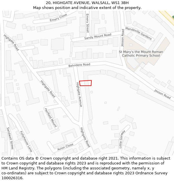 20, HIGHGATE AVENUE, WALSALL, WS1 3BH: Location map and indicative extent of plot