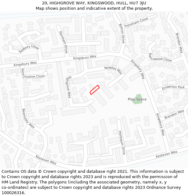 20, HIGHGROVE WAY, KINGSWOOD, HULL, HU7 3JU: Location map and indicative extent of plot