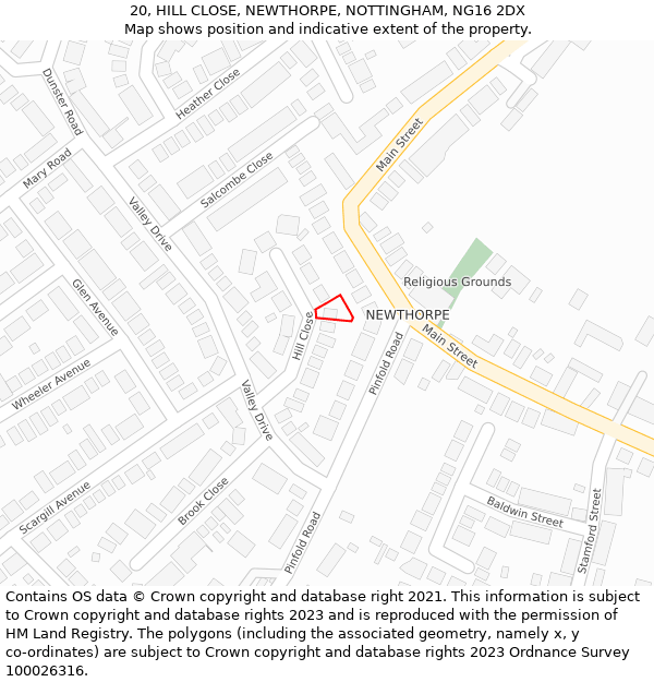 20, HILL CLOSE, NEWTHORPE, NOTTINGHAM, NG16 2DX: Location map and indicative extent of plot