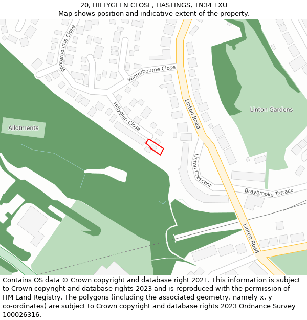 20, HILLYGLEN CLOSE, HASTINGS, TN34 1XU: Location map and indicative extent of plot