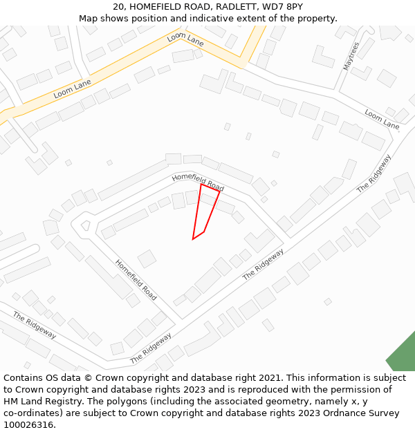 20, HOMEFIELD ROAD, RADLETT, WD7 8PY: Location map and indicative extent of plot