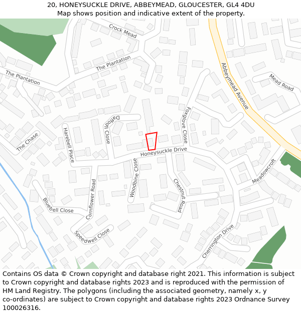 20, HONEYSUCKLE DRIVE, ABBEYMEAD, GLOUCESTER, GL4 4DU: Location map and indicative extent of plot