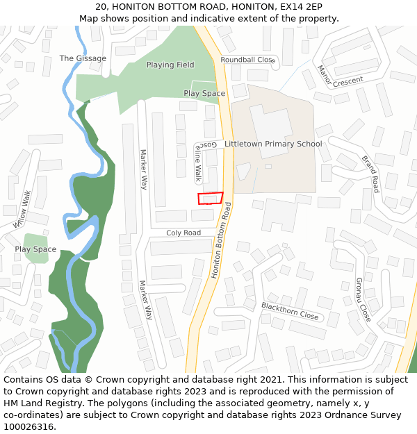20, HONITON BOTTOM ROAD, HONITON, EX14 2EP: Location map and indicative extent of plot