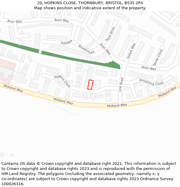 20, HOPKINS CLOSE, THORNBURY, BRISTOL, BS35 2PX: Location map and indicative extent of plot