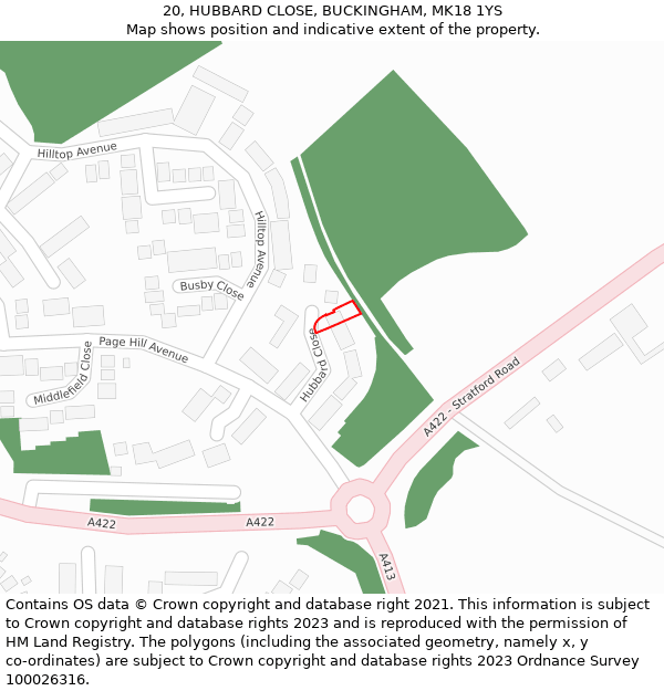 20, HUBBARD CLOSE, BUCKINGHAM, MK18 1YS: Location map and indicative extent of plot