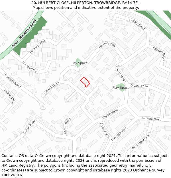 20, HULBERT CLOSE, HILPERTON, TROWBRIDGE, BA14 7FL: Location map and indicative extent of plot