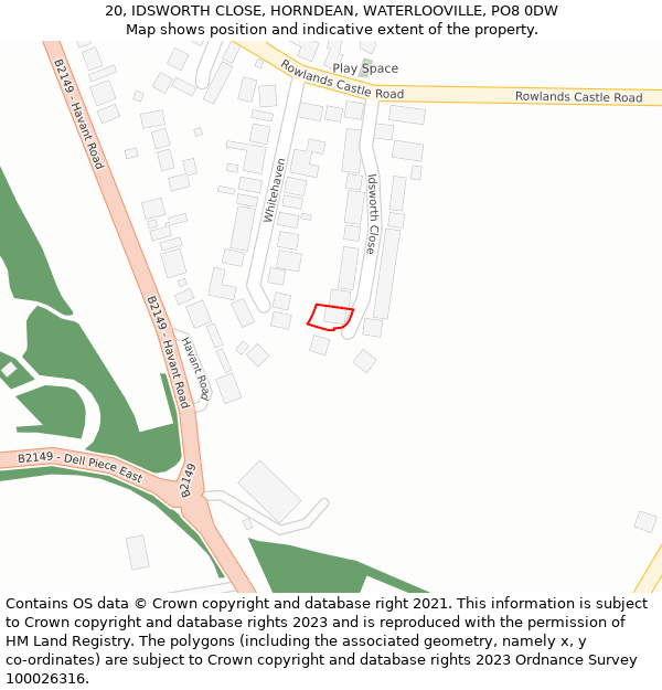 20, IDSWORTH CLOSE, HORNDEAN, WATERLOOVILLE, PO8 0DW: Location map and indicative extent of plot