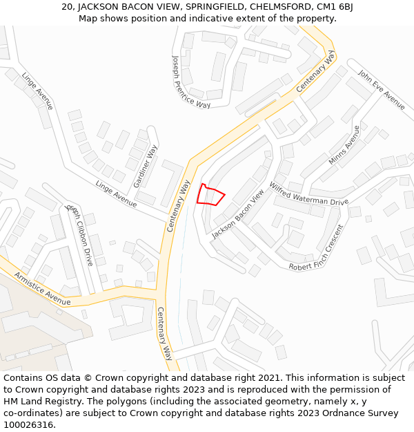 20, JACKSON BACON VIEW, SPRINGFIELD, CHELMSFORD, CM1 6BJ: Location map and indicative extent of plot