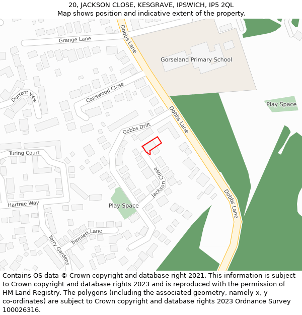 20, JACKSON CLOSE, KESGRAVE, IPSWICH, IP5 2QL: Location map and indicative extent of plot