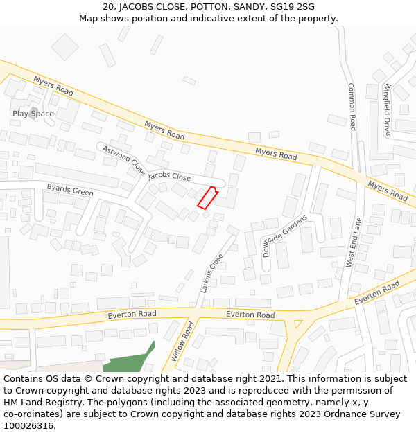 20, JACOBS CLOSE, POTTON, SANDY, SG19 2SG: Location map and indicative extent of plot