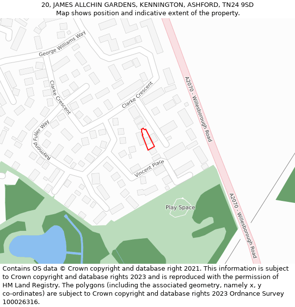 20, JAMES ALLCHIN GARDENS, KENNINGTON, ASHFORD, TN24 9SD: Location map and indicative extent of plot