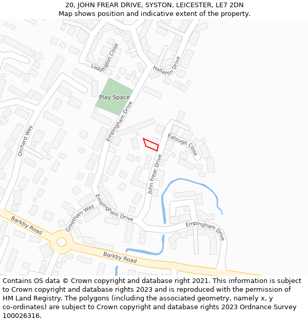 20, JOHN FREAR DRIVE, SYSTON, LEICESTER, LE7 2DN: Location map and indicative extent of plot