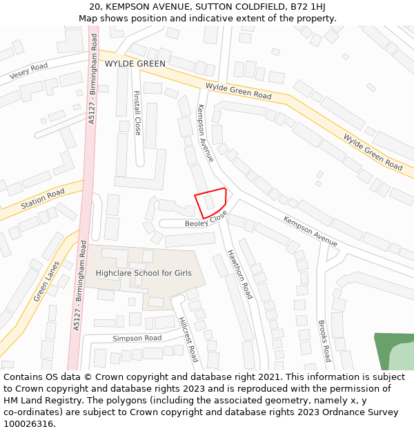20, KEMPSON AVENUE, SUTTON COLDFIELD, B72 1HJ: Location map and indicative extent of plot