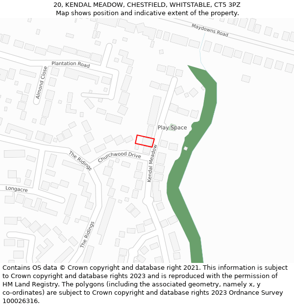 20, KENDAL MEADOW, CHESTFIELD, WHITSTABLE, CT5 3PZ: Location map and indicative extent of plot