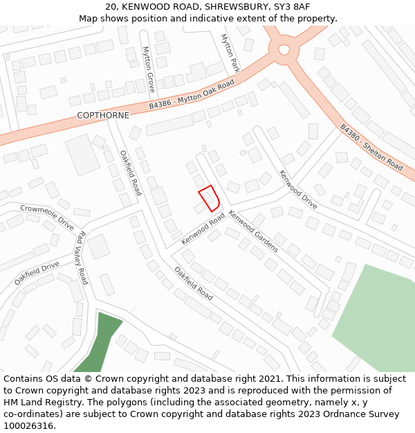 20, KENWOOD ROAD, SHREWSBURY, SY3 8AF: Location map and indicative extent of plot