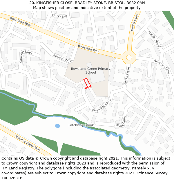 20, KINGFISHER CLOSE, BRADLEY STOKE, BRISTOL, BS32 0AN: Location map and indicative extent of plot