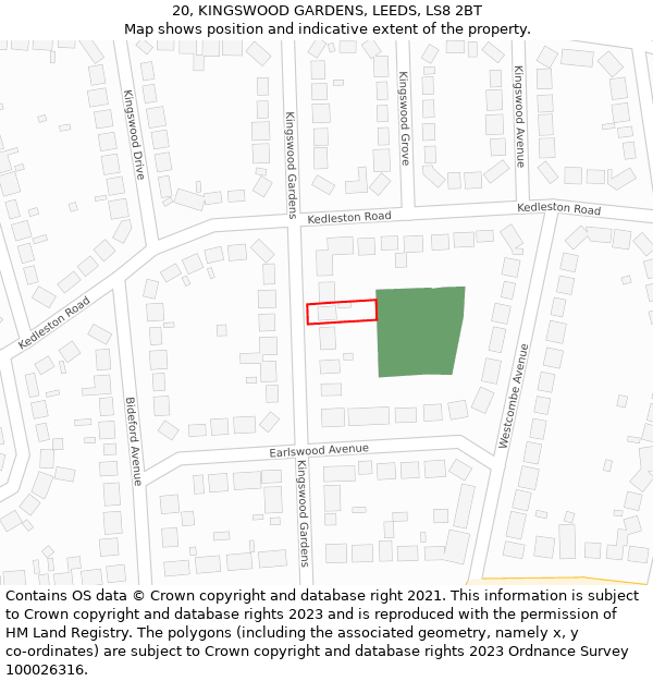 20, KINGSWOOD GARDENS, LEEDS, LS8 2BT: Location map and indicative extent of plot