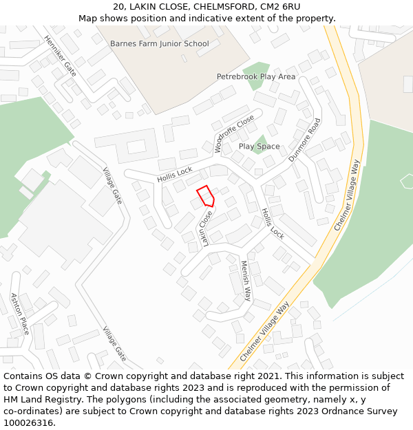 20, LAKIN CLOSE, CHELMSFORD, CM2 6RU: Location map and indicative extent of plot