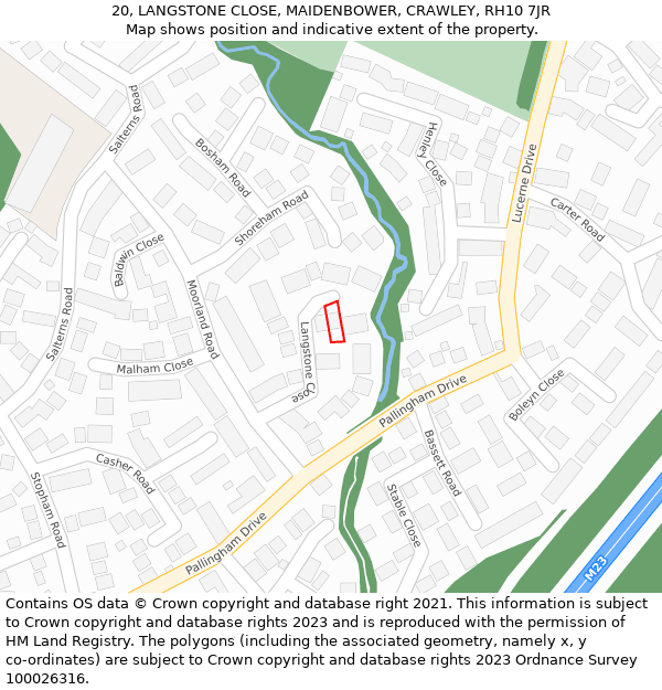 20, LANGSTONE CLOSE, MAIDENBOWER, CRAWLEY, RH10 7JR: Location map and indicative extent of plot