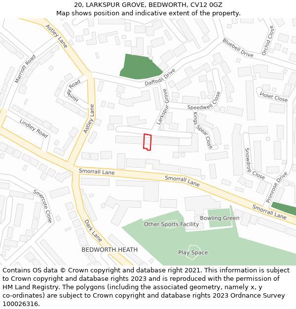 20, LARKSPUR GROVE, BEDWORTH, CV12 0GZ: Location map and indicative extent of plot