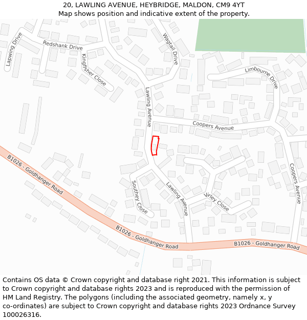 20, LAWLING AVENUE, HEYBRIDGE, MALDON, CM9 4YT: Location map and indicative extent of plot