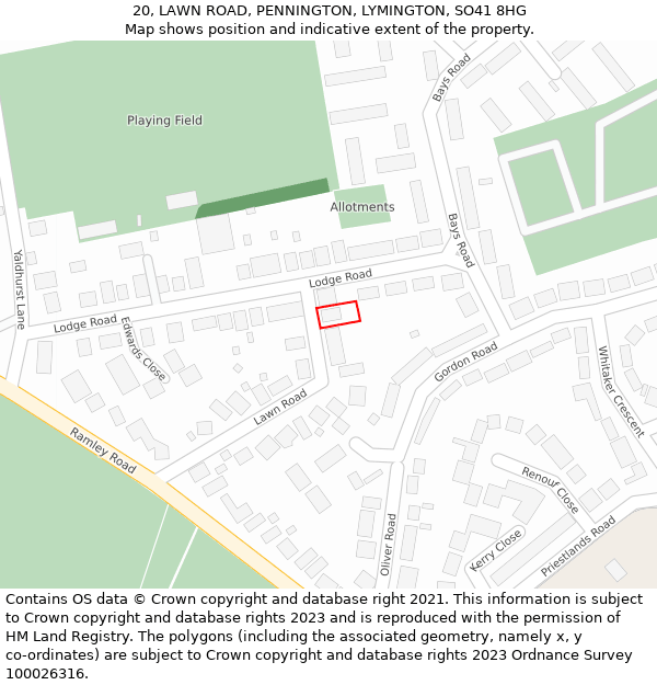 20, LAWN ROAD, PENNINGTON, LYMINGTON, SO41 8HG: Location map and indicative extent of plot