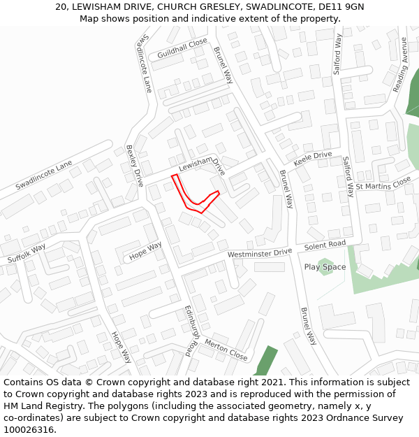 20, LEWISHAM DRIVE, CHURCH GRESLEY, SWADLINCOTE, DE11 9GN: Location map and indicative extent of plot