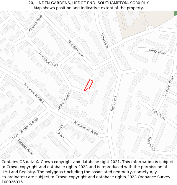 20, LINDEN GARDENS, HEDGE END, SOUTHAMPTON, SO30 0HY: Location map and indicative extent of plot