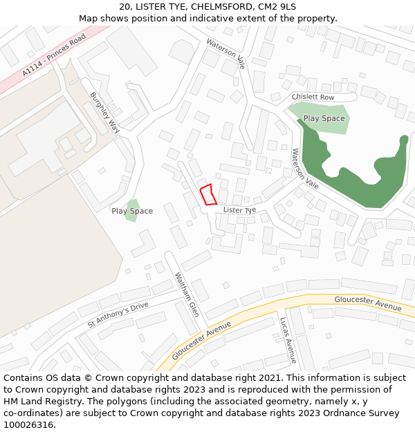 20, LISTER TYE, CHELMSFORD, CM2 9LS: Location map and indicative extent of plot