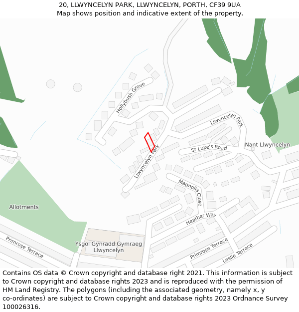 20, LLWYNCELYN PARK, LLWYNCELYN, PORTH, CF39 9UA: Location map and indicative extent of plot