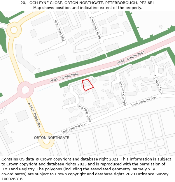 20, LOCH FYNE CLOSE, ORTON NORTHGATE, PETERBOROUGH, PE2 6BL: Location map and indicative extent of plot