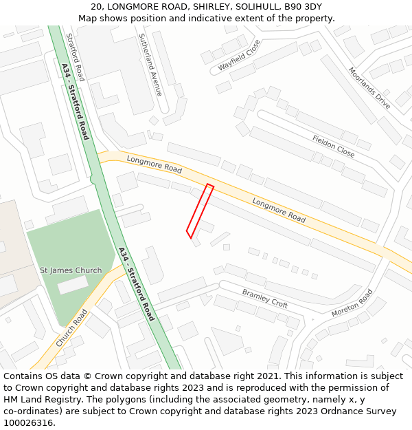 20, LONGMORE ROAD, SHIRLEY, SOLIHULL, B90 3DY: Location map and indicative extent of plot