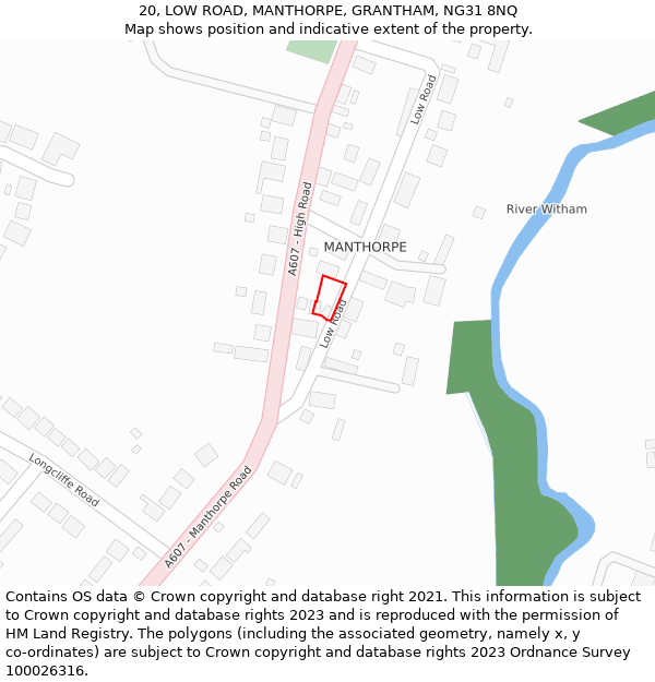 20, LOW ROAD, MANTHORPE, GRANTHAM, NG31 8NQ: Location map and indicative extent of plot